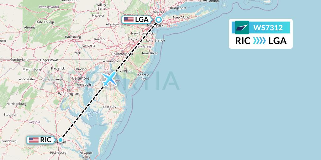 WS7312 WestJet Flight Map: Richmond to New York