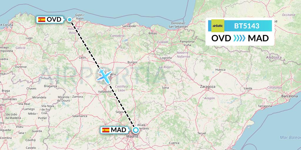 BT5143 Air Baltic Flight Map: Asturias to Madrid