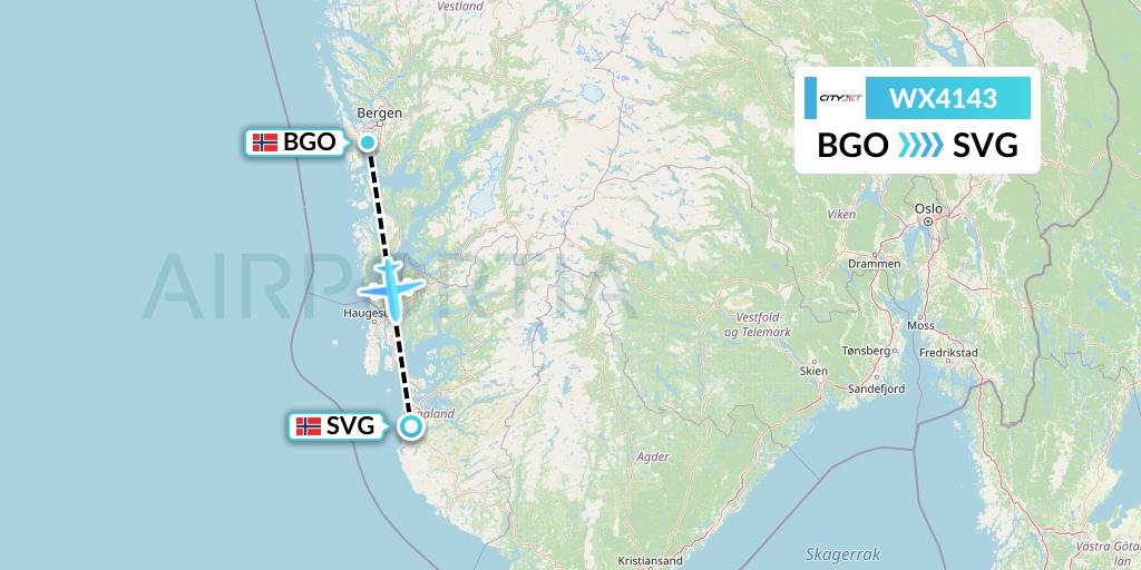 WX4143 Cityjet Flight Map: Bergen to Stavanger