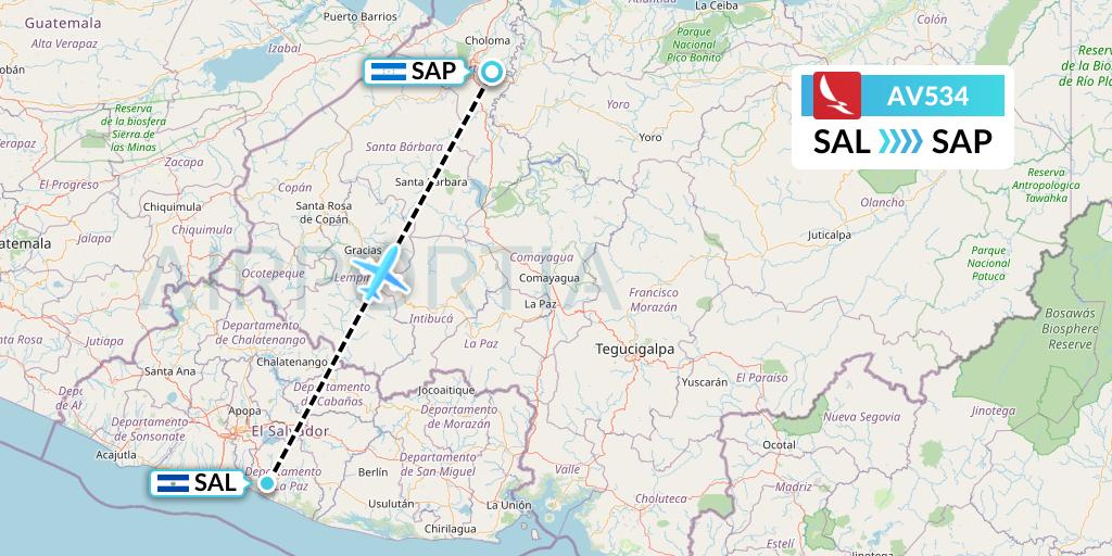 AV534 Avianca Flight Map: San Salvador to San Pedro Sula