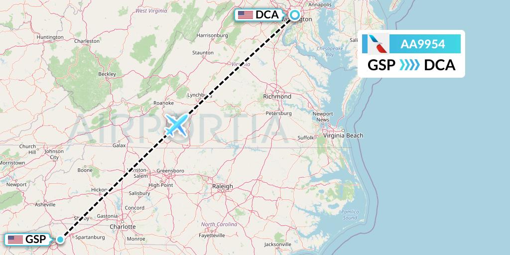 AA9954 American Airlines Flight Map: Greenville-Spartanburg to Washington
