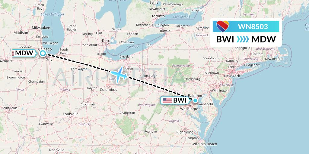 WN8503 Southwest Airlines Flight Map: Baltimore to Chicago