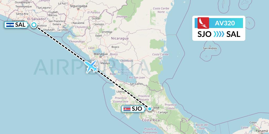 AV320 Avianca Flight Map: San Jose to San Salvador