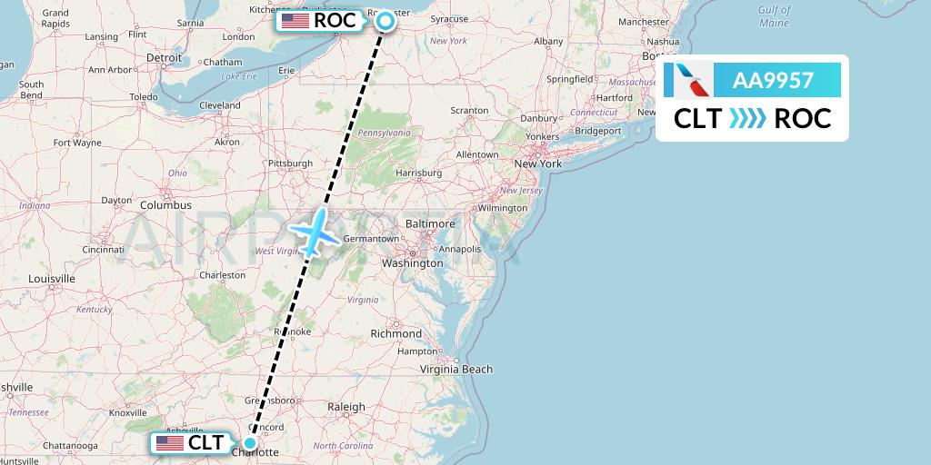 AA9957 American Airlines Flight Map: Charlotte to Rochester