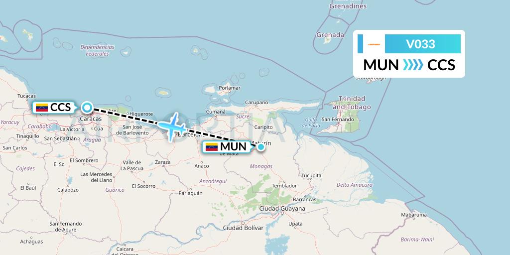 V033 Conviasa Flight Map: Maturin to Caracas