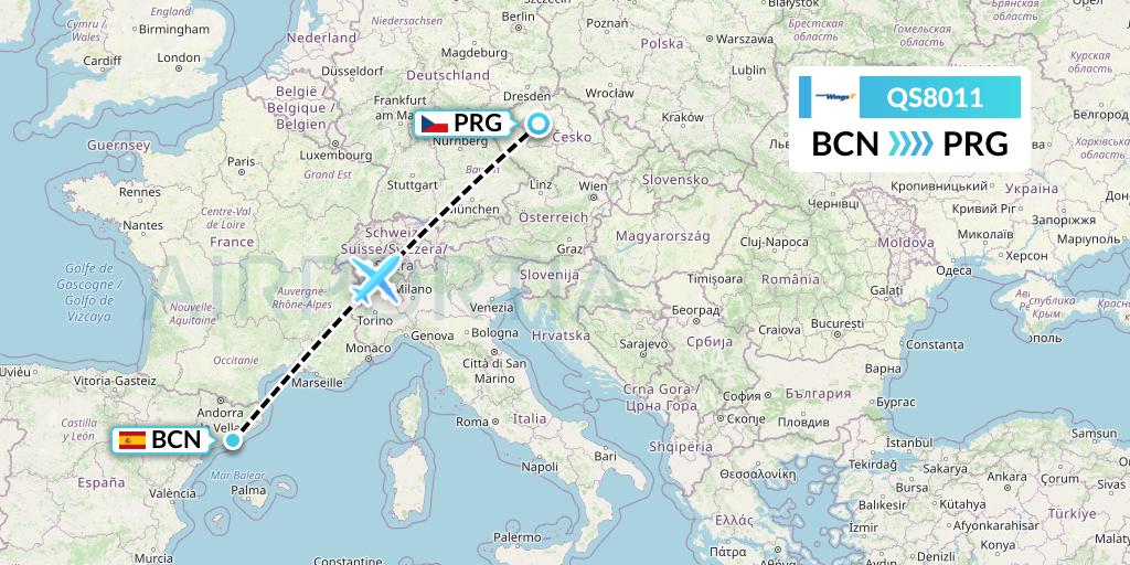 QS8011 Smartwings Flight Map: Barcelona to Prague