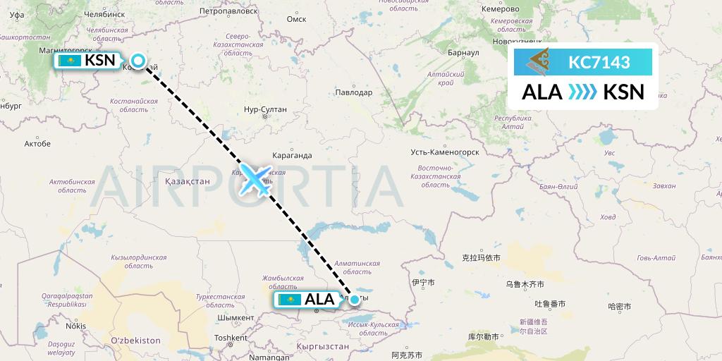 KC7143 Air Astana Flight Map: Almaty to Kostanay