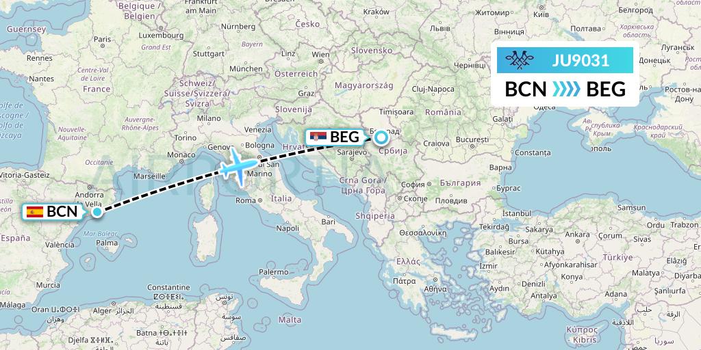 JU9031 AirSERBIA Flight Map: Barcelona to Belgrade