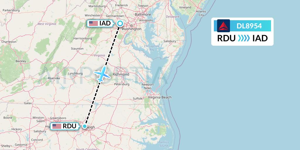 DL8954 Delta Air Lines Flight Map: Raleigh-Durham to Washington