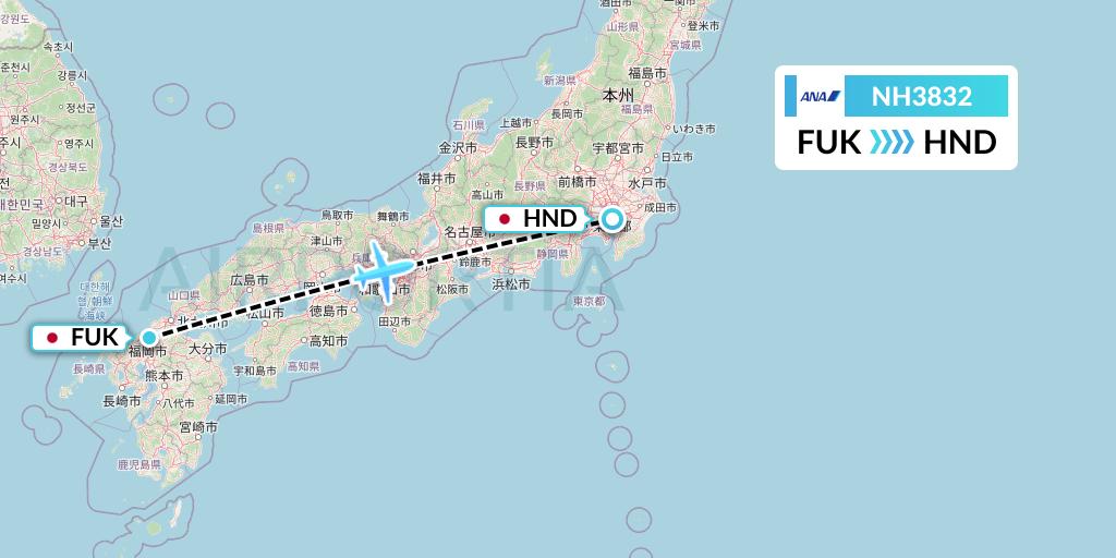 NH3832 All Nippon Airways Flight Map: Fukuoka to Tokyo