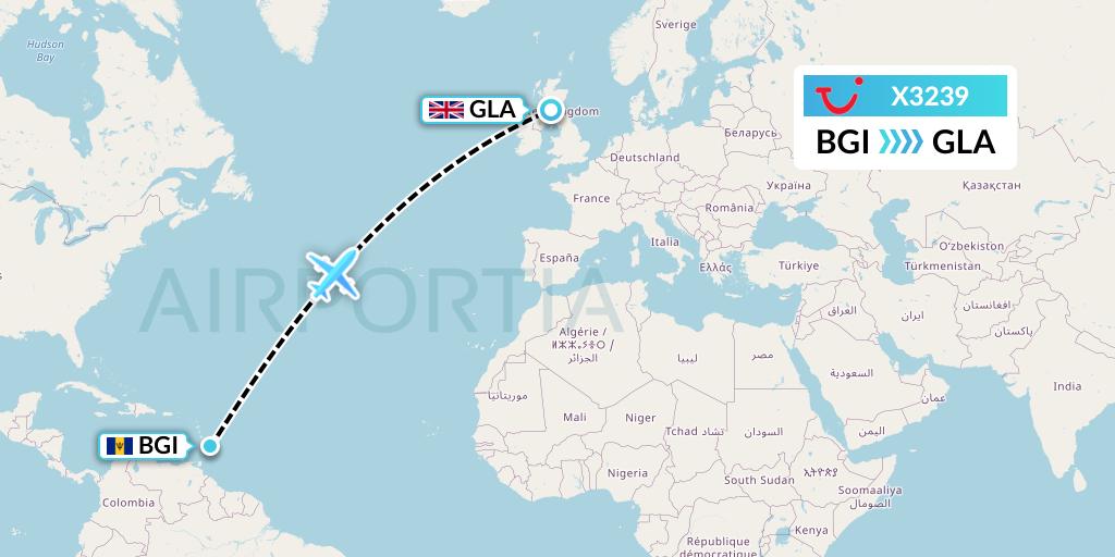 X3239 TUI fly Germany Flight Map: Bridgetown to Glasgow