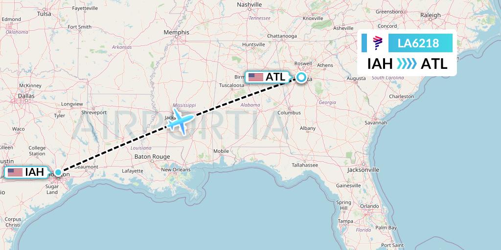 LA6218 LAN Airlines Flight Map: Houston to Atlanta