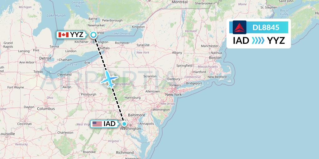 DL8845 Delta Air Lines Flight Map: Washington to Toronto