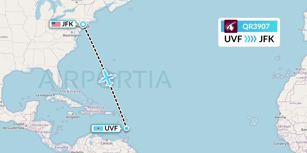 QR3907 Qatar Airways Flight Map: Vieux Fort to New York