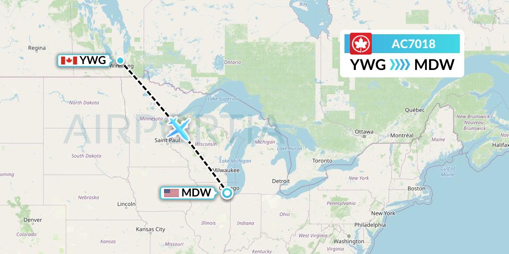 AC7018 Air Canada Flight Map: Winnipeg to Chicago