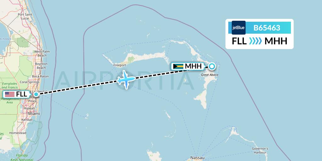 B65463 JetBlue Airways Flight Map: Fort Lauderdale to Marsh Harbour