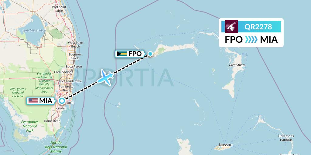 QR2278 Qatar Airways Flight Map: Freeport to Miami
