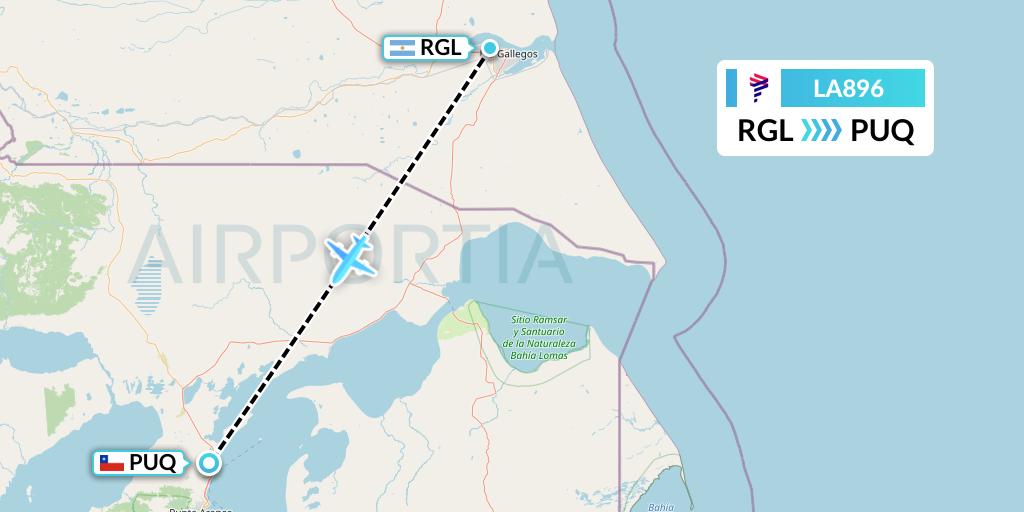 LA896 LAN Airlines Flight Map: Rio Gallegos to Punta Arenas
