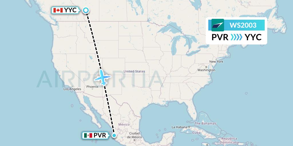 WS2003 WestJet Flight Map: Puerto Vallarta to Calgary