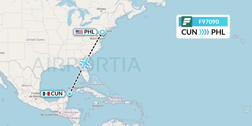 F97090 Frontier Airlines Flight Map: Cancun to Philadelphia