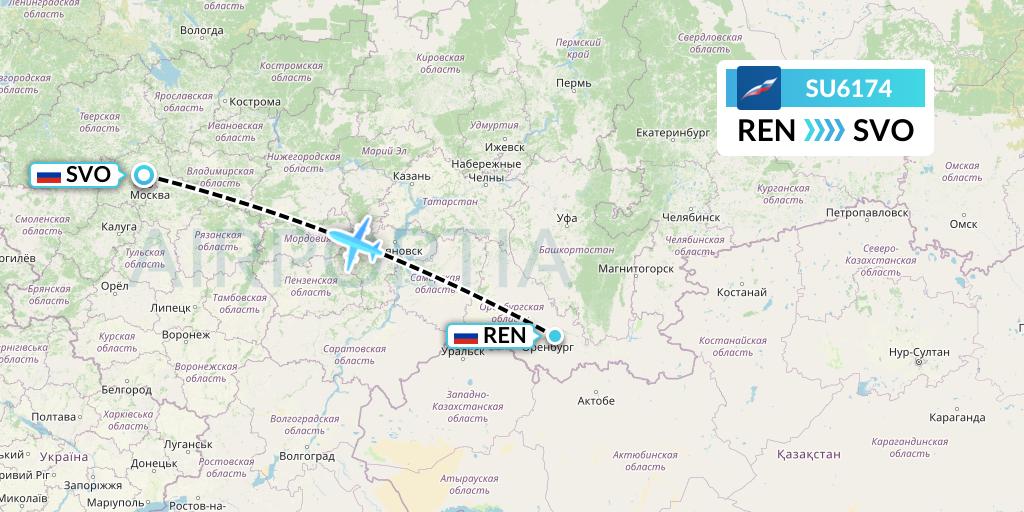 SU6174 Aeroflot Flight Map: Orenburg to Moscow