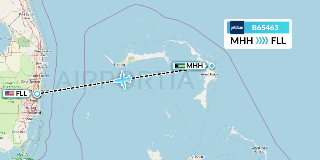 B65463 JetBlue Airways Flight Map: Marsh Harbour to Fort Lauderdale