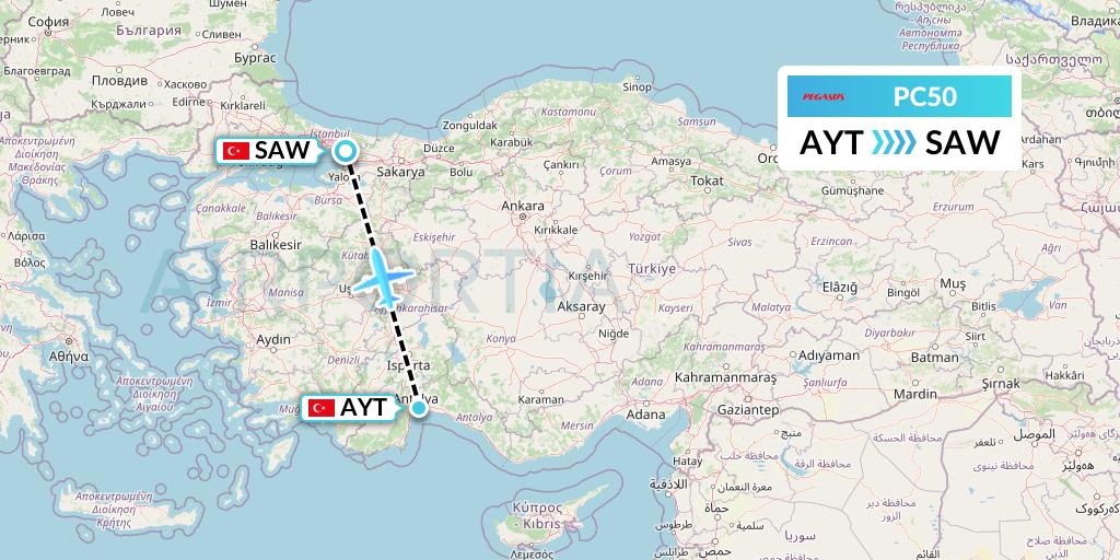 PC50 Pegasus Airlines Flight Map: Antalya to Istanbul