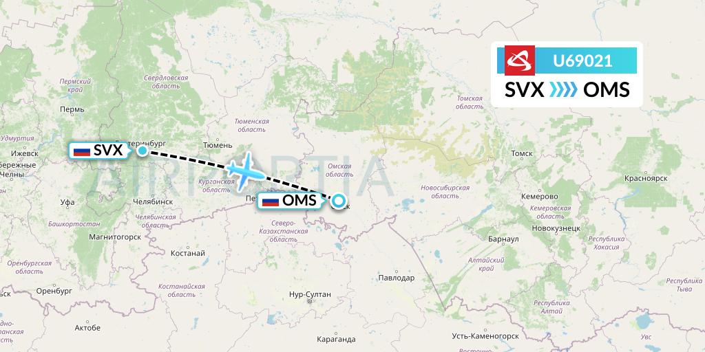 U69021 Ural Airlines Flight Map: Yekaterinburg to Omsk