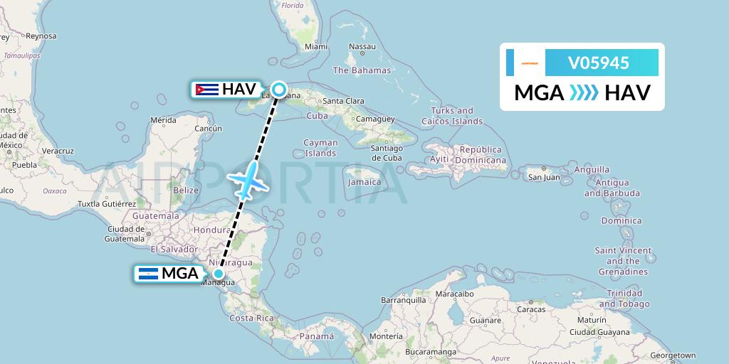 V05945 Conviasa Flight Map: Managua to Havana