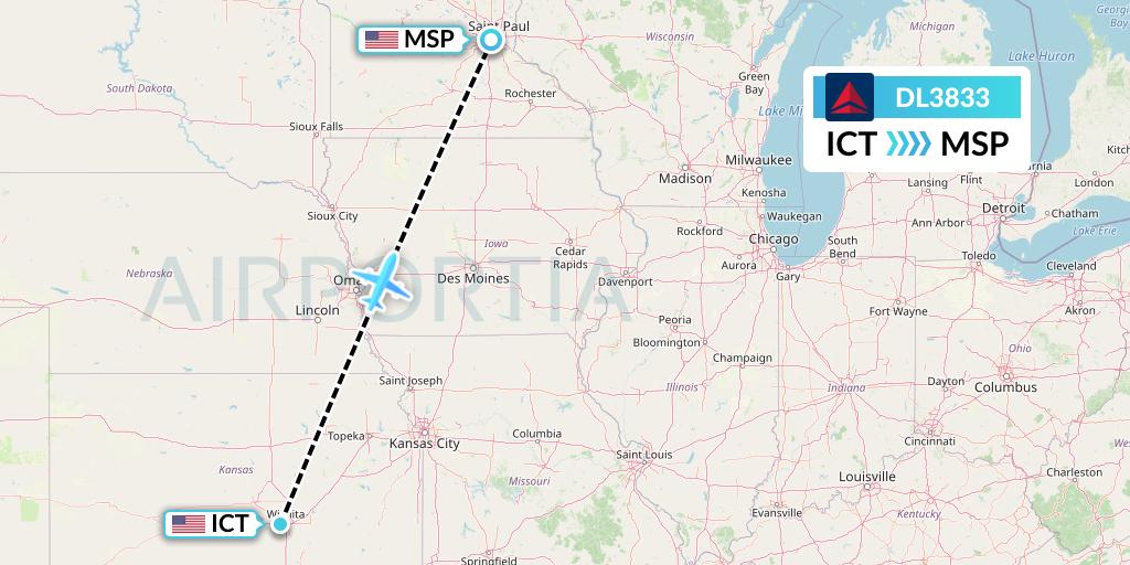 DL3833 Delta Air Lines Flight Map: Wichita to Minneapolis