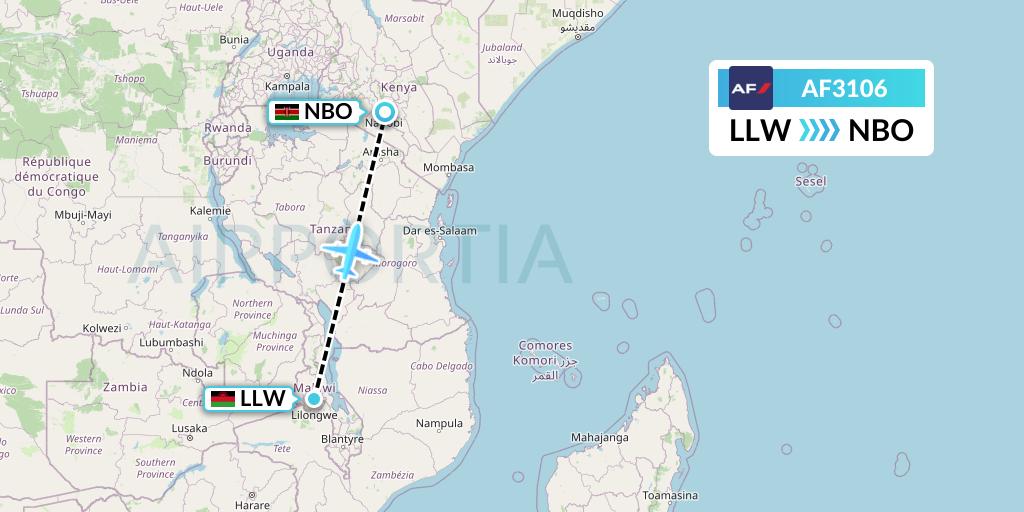 AF3106 Air France Flight Map: Lilongwe to Nairobi