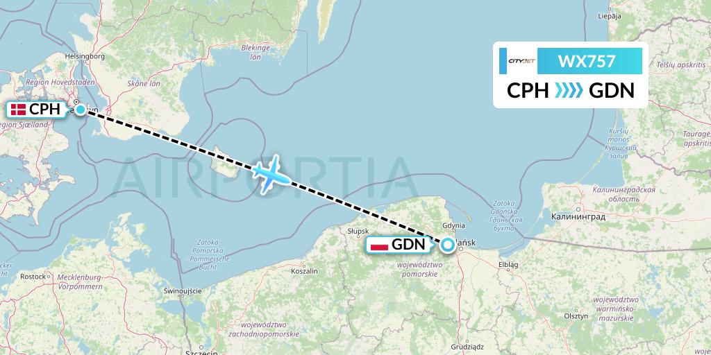 WX757 Cityjet Flight Map: Copenhagen to Gdansk