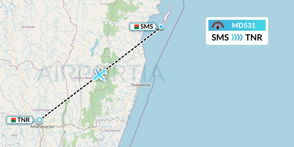 MD531 Air Madagascar Flight Map: Saint Marie to Antananarivo