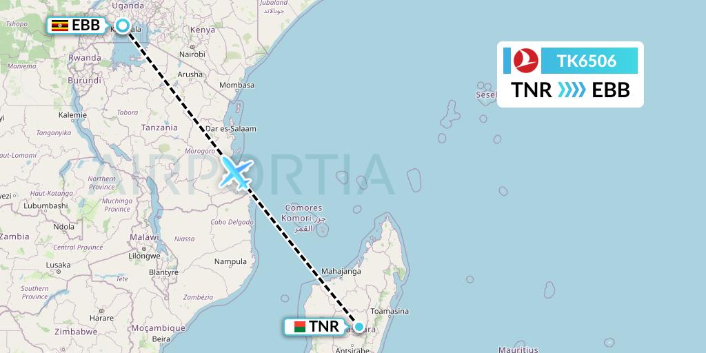TK6506 Turkish Airlines Flight Map: Antananarivo to Entebbe