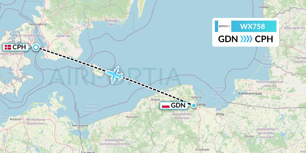 WX758 Cityjet Flight Map: Gdansk to Copenhagen
