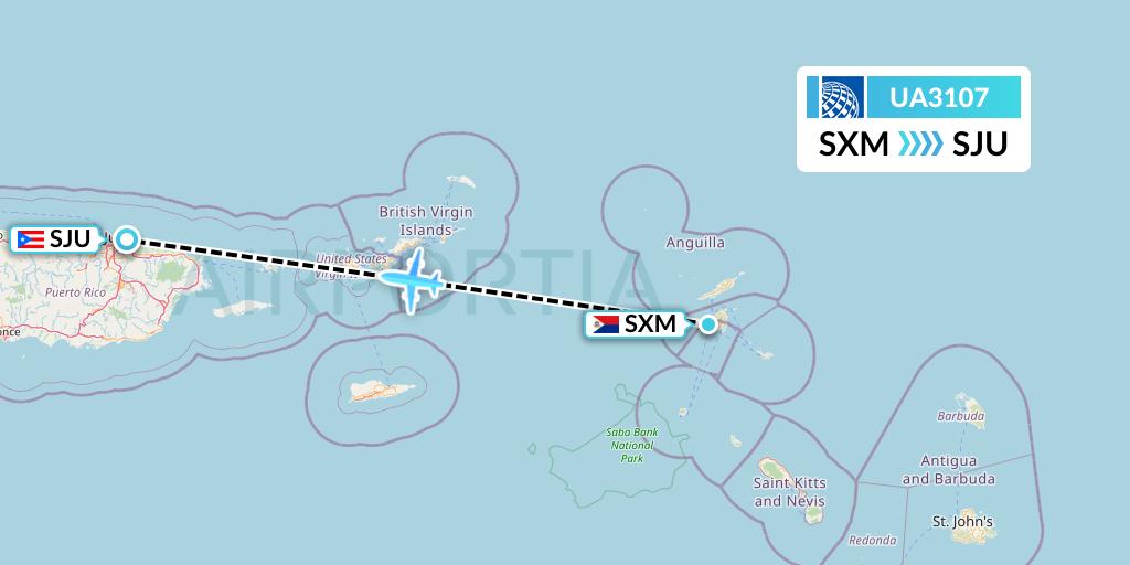 UA3107 United Airlines Flight Map: Sint Maarten to San Juan