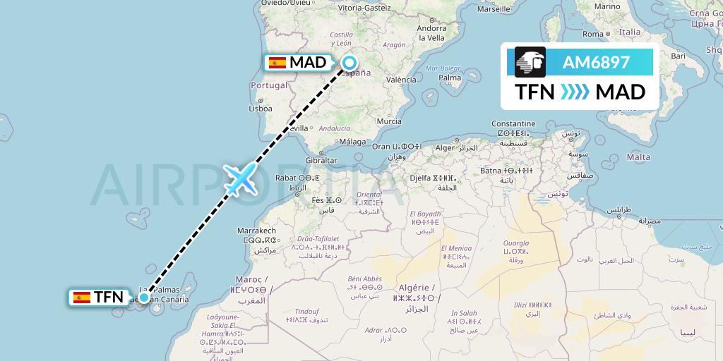 AM6897 Aeromexico Flight Map: Tenerife to Madrid