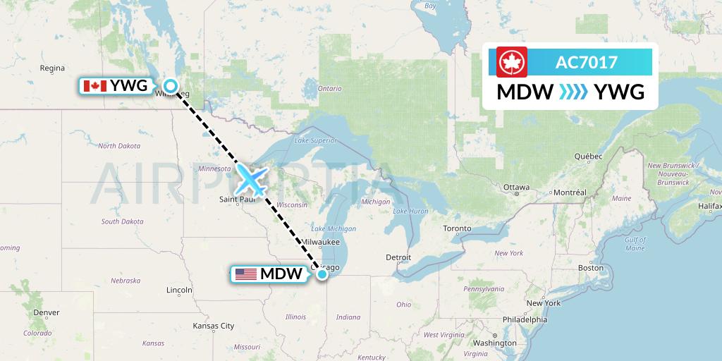 AC7017 Air Canada Flight Map: Chicago to Winnipeg