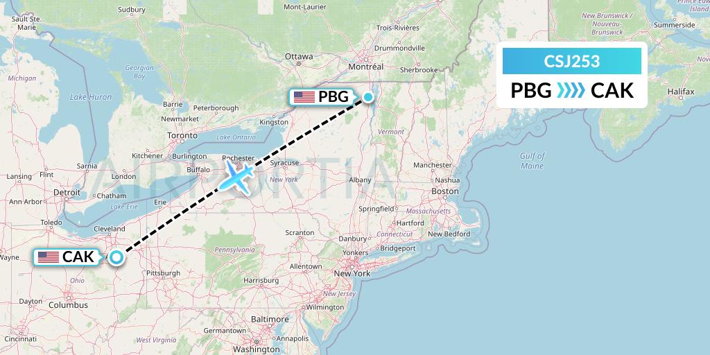 CSJ253 Castle Aviation Flight Map: Plattsburgh to Akron