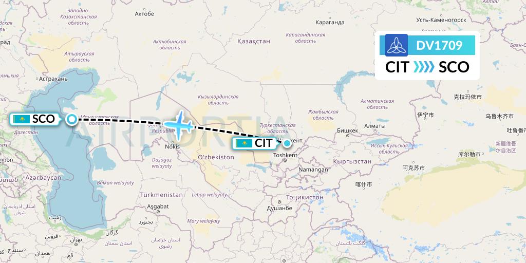 DV1709 SCAT Flight Map: Shymkent to Aktau