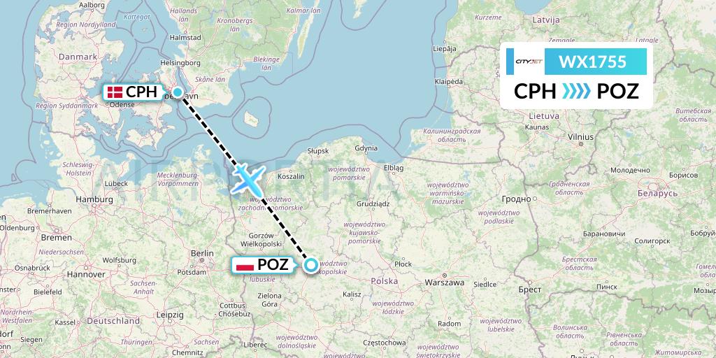 WX1755 Cityjet Flight Map: Copenhagen to Poznan