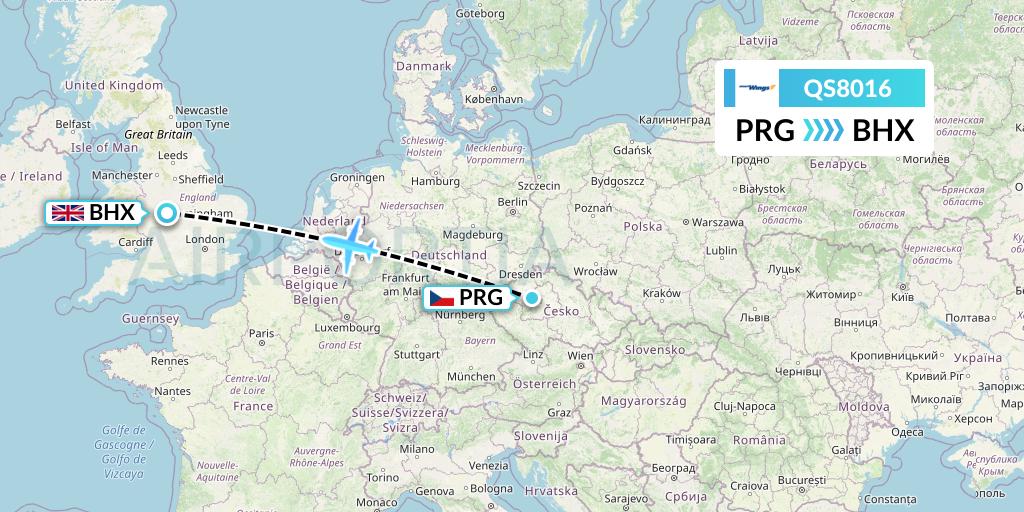 QS8016 Smartwings Flight Map: Prague to Birmingham