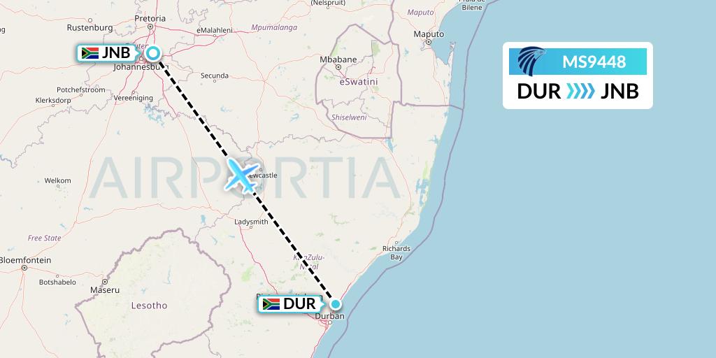 MS9448 EgyptAir Flight Map: Durban to Johannesburg