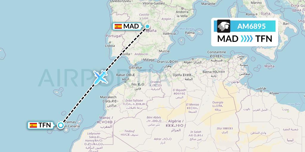 AM6895 Aeromexico Flight Map: Madrid to Tenerife