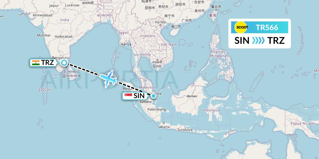 TR566 Tigerair Flight Map: Singapore to Tiruchirapalli