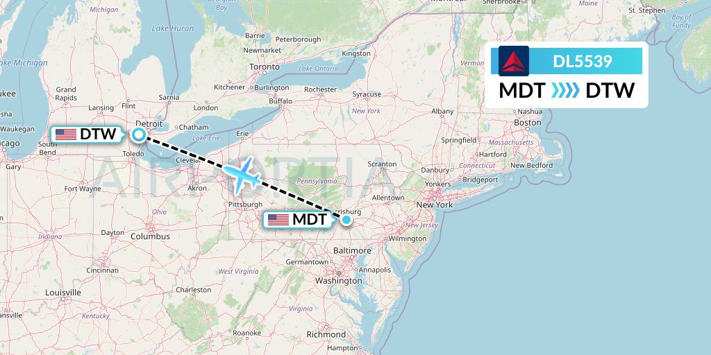 DL5539 Delta Air Lines Flight Map: Harrisburg to Detroit