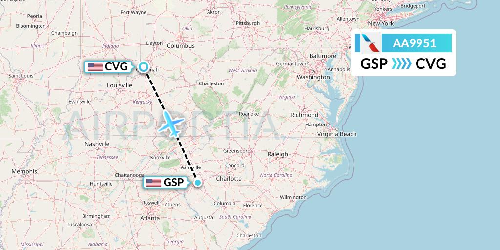 AA9951 American Airlines Flight Map: Greenville-Spartanburg to Cincinnati