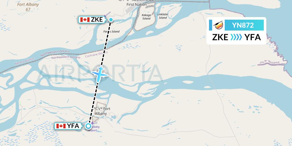 YN872 Air Creebec Flight Map: Kashechewan to Fort Albany
