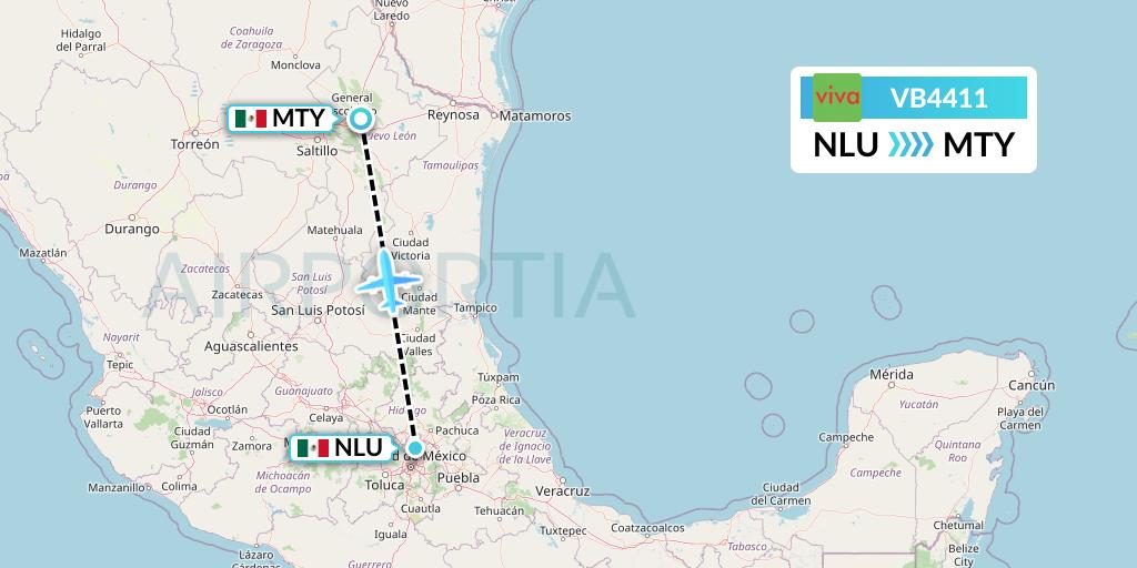 VB4411 VivaAerobus Flight Map: Reyes Acozac to Monterrey