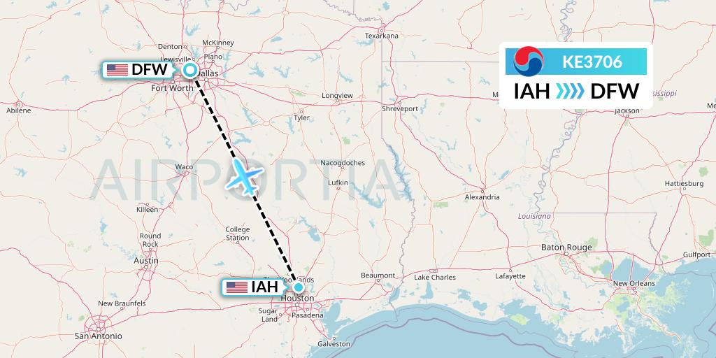 KE3706 Korean Air Flight Map: Houston to Dallas